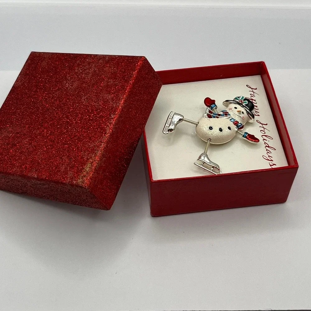 Vintage Sears Christmas Snowman Ice Skater Dangler Pin Brooch Moveable Arms Legs